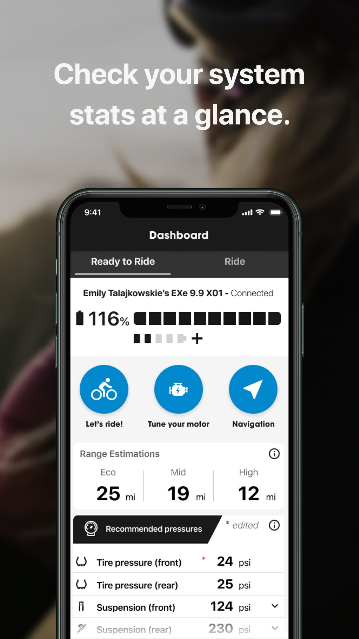 Trek Central dashboard — battery, range, tire pressure
